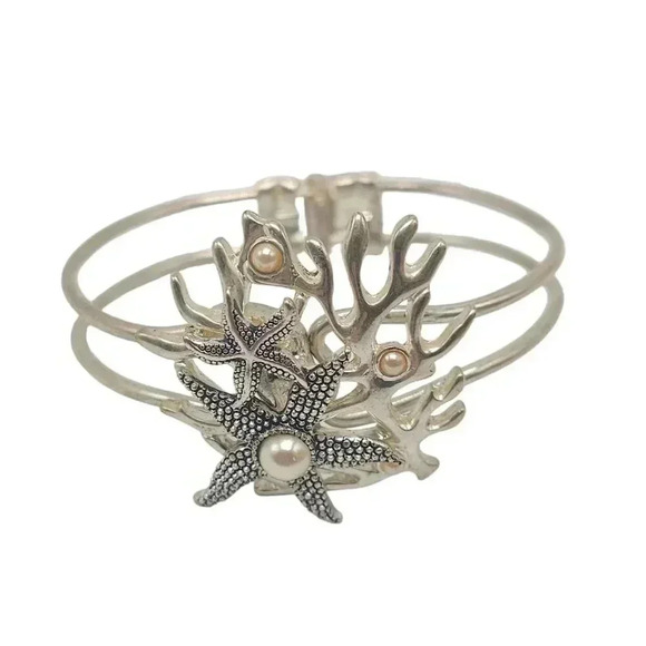 Starfish Coral Faux Pearl-Embellished Silver Tone Bracelet - Picture 1 of 6